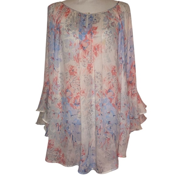 Chaps Plus Size Floral Pattern Flutter Ruffle Sleeves Boho Blouse PNK/WHT SZ 3X - Picture 1 of 8